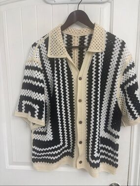 Short-Sleeve Crochet Cardigan Sweater - Black, White, Cream
